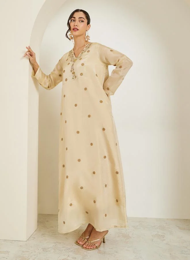 Amirah Women Cream Embroidered A-Line Jalabiya